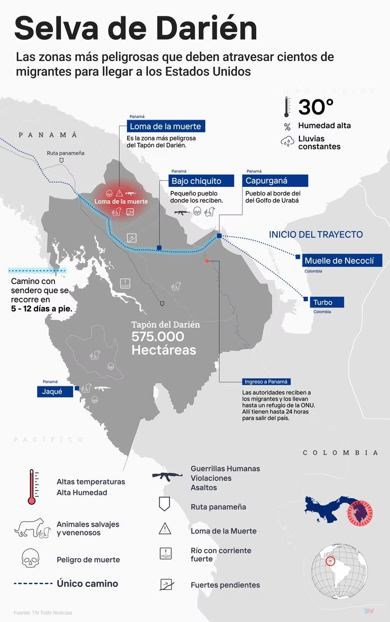 Map highlighting high-risk zones for migrants in El Darien Forest.