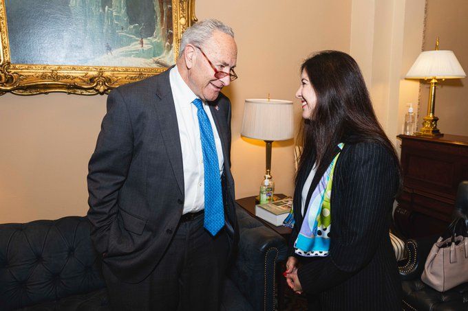 Chuck Schumer and Adriana Kugler, New York Senator and first Hispanic to serve on the Fed Board, meet.