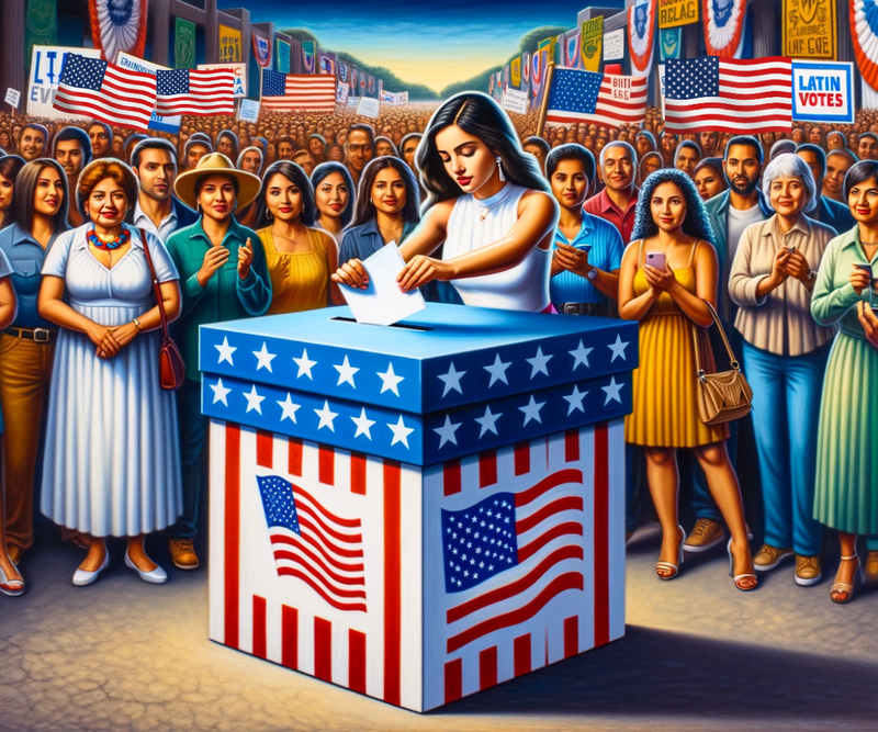 An AI image shows a Latin woman voting among a diverse crowd during an election.