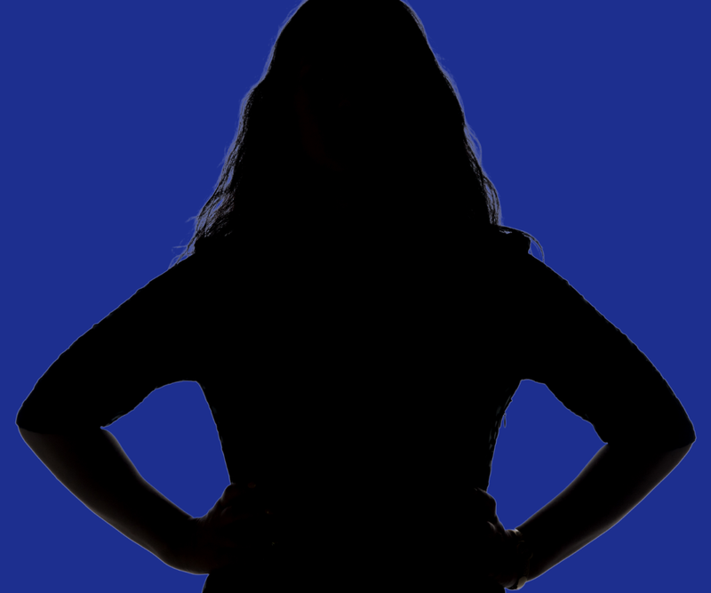 A silhouette of a woman against a blue background.