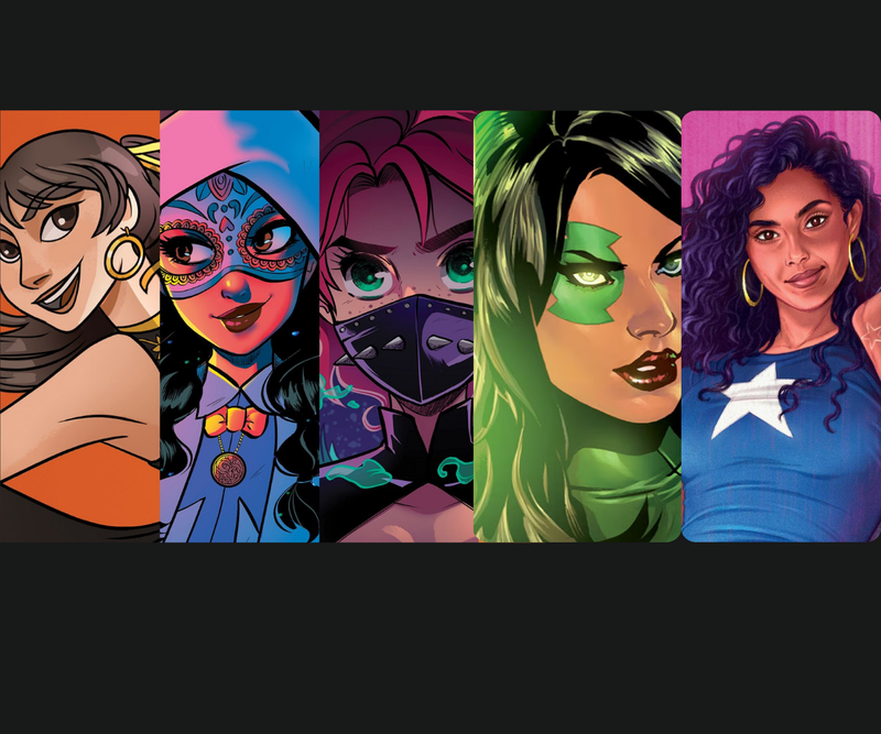 Vibrant illustration of five diverse Latina superheroes, showcasing powerful characters from the 'A La Brava' comic series.