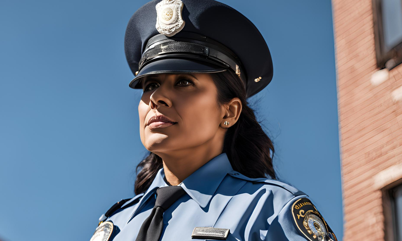 Female police officer in uniform standing confidently outdoors against a blue sky.